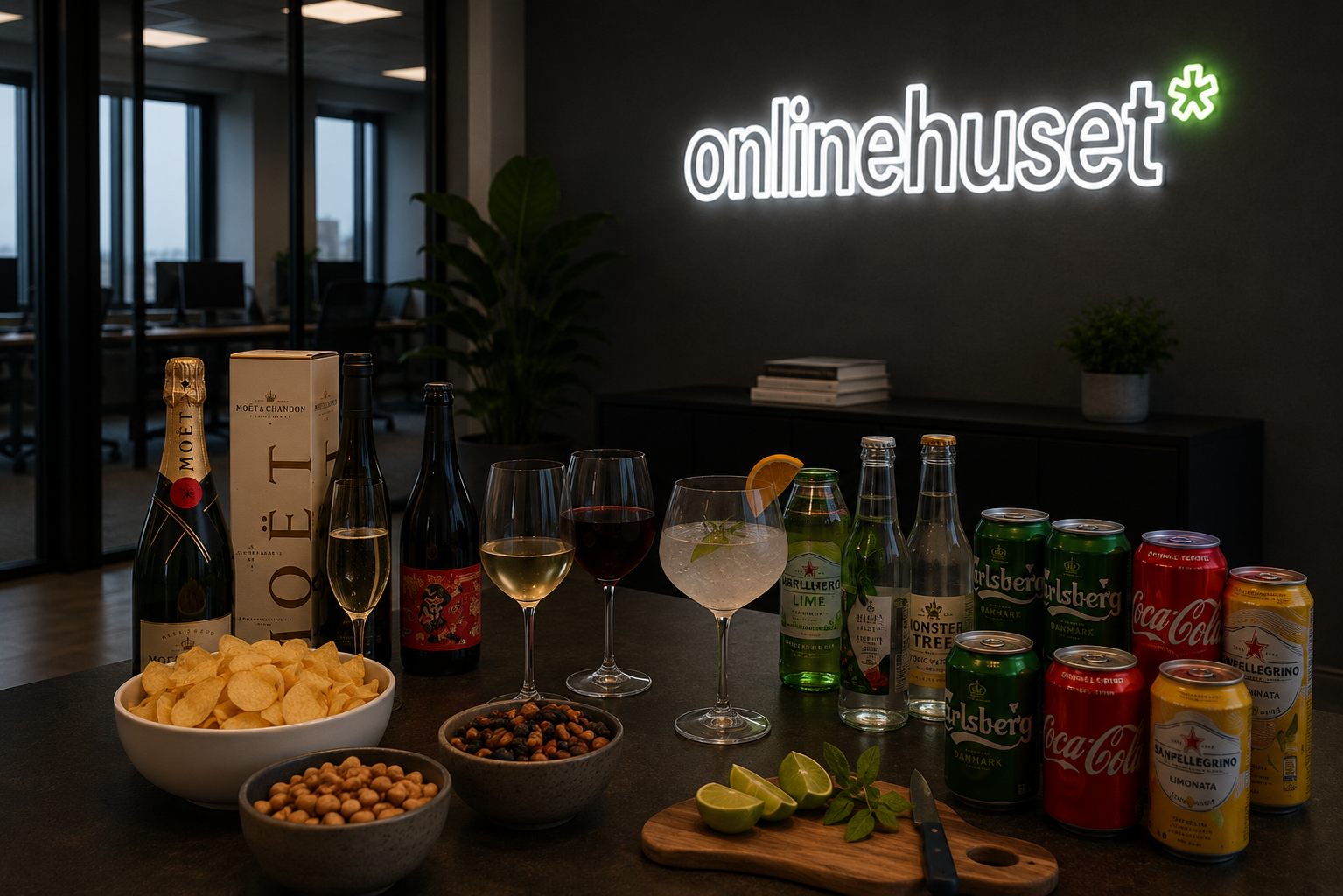 Vin, snacks og opdækning til socialt arrangement